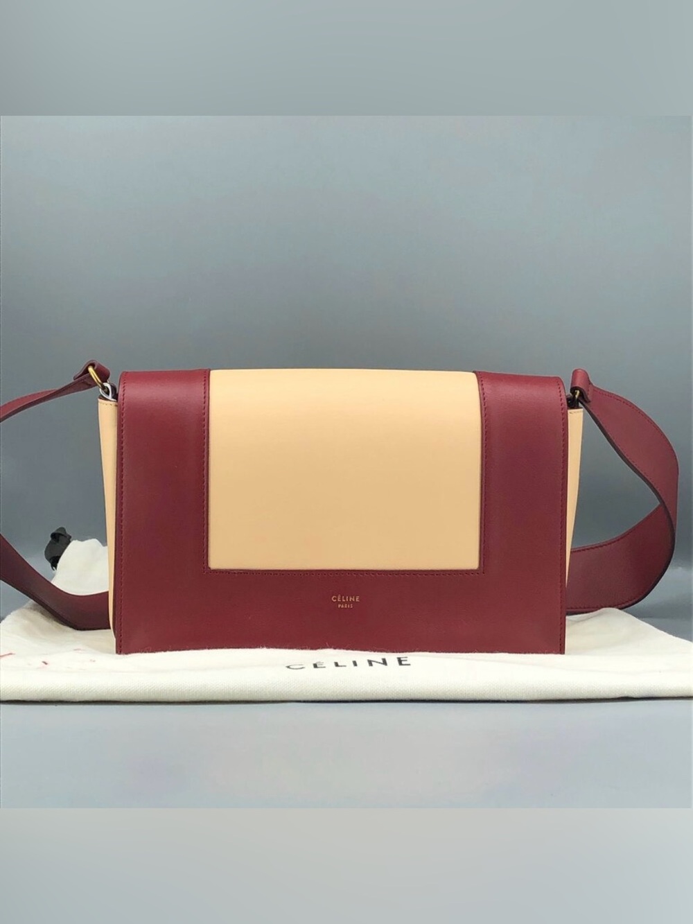 Céline Shiny Smooth Calfskin Medium Frame Shoulder Bag in Ruby & Nude COA